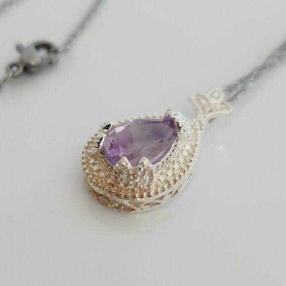 Purple Amethyst Pendant Necklace Stainless Steel Chain - Picture 7 of 9
